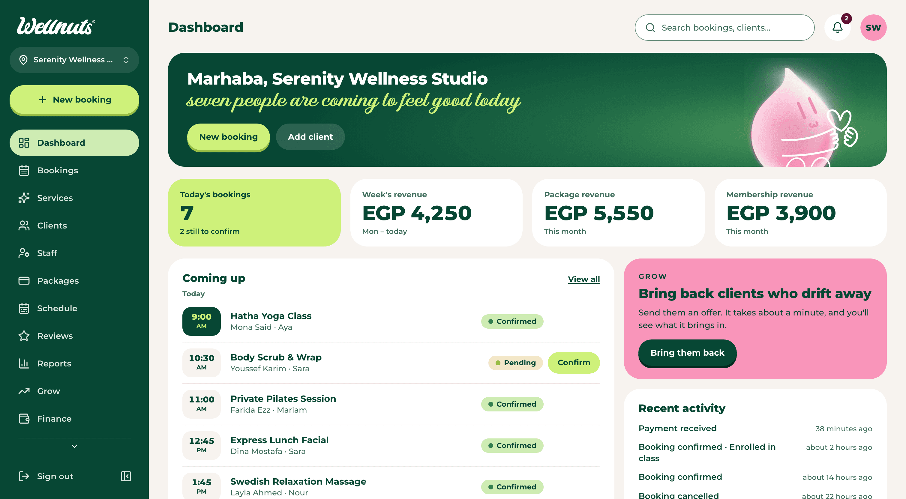 The Wellnuts venue dashboard showing today's bookings and revenue